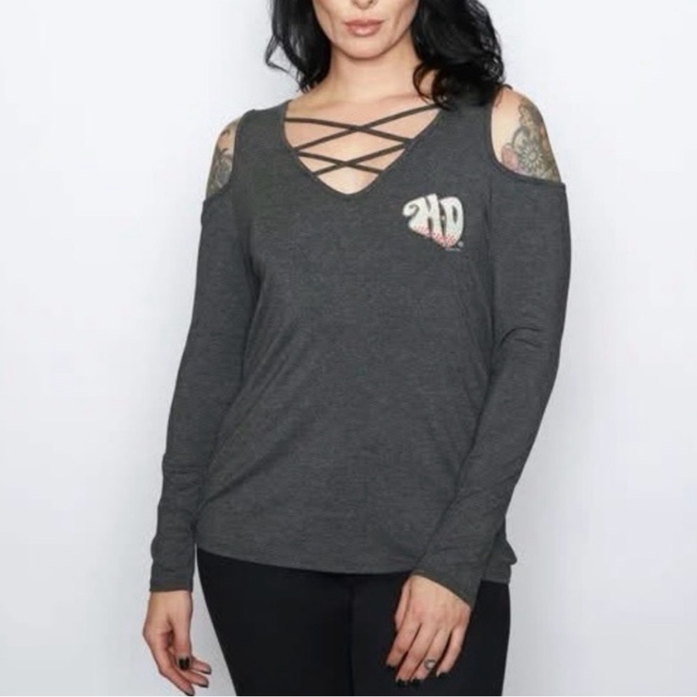 🏍️ Harley-Davidson Ridin Easy Cold Shoulder Embellished Gray Long Sleeve Medium
